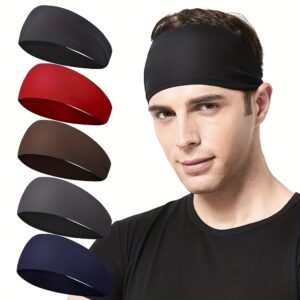 Men'S Running Headband, 5-Pack, Sports Sweatband for Running, Cycling, Basketball, Yoga, And Fitness Workouts, Stretchy Unisex Hairband