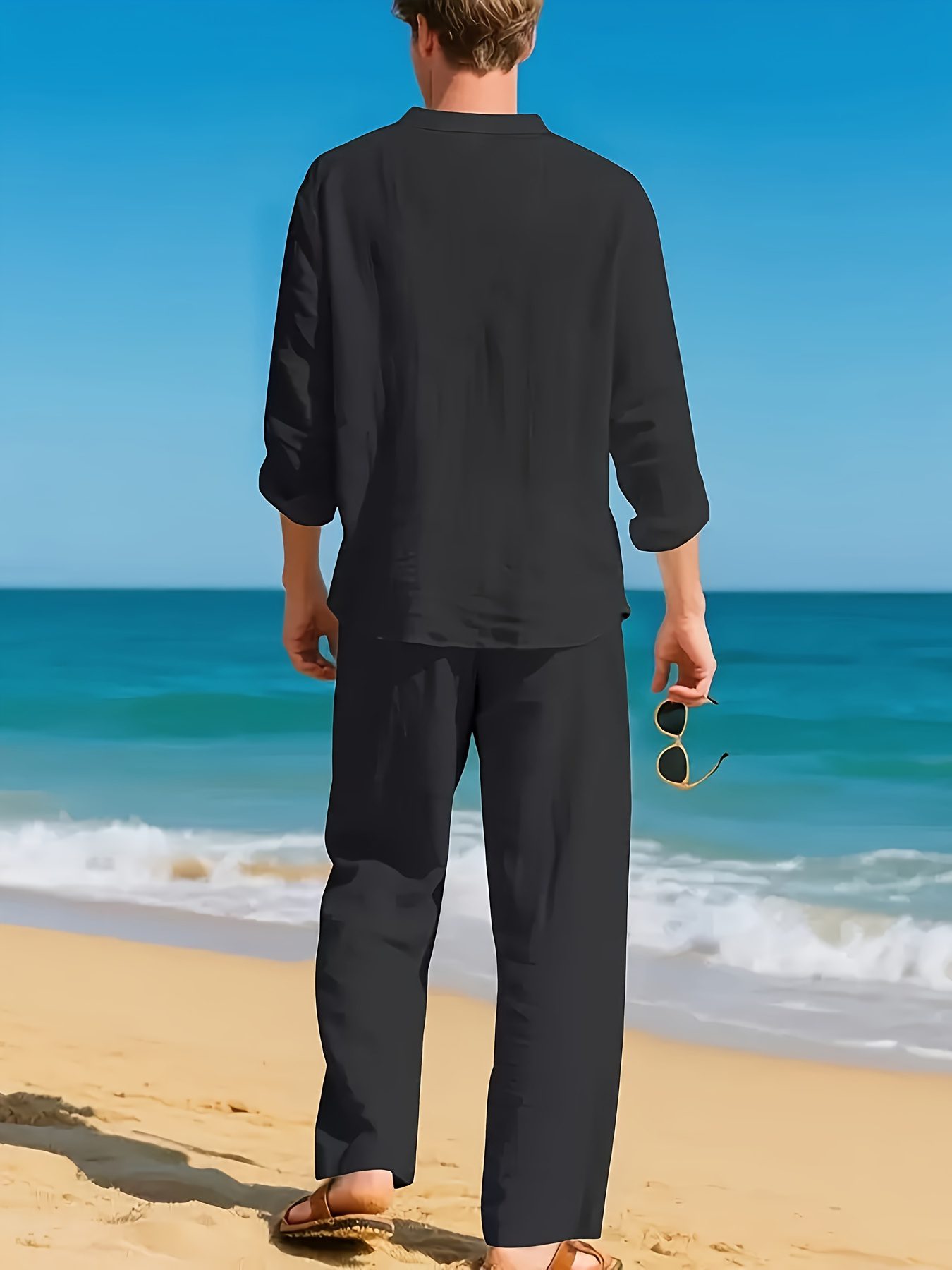 Cross-Border New Men'S Linen Casual Loose Long-Sleeved V-Neck Breathable Long Pants Set for Spring, Summer, Autumn, And Winter - Image 8