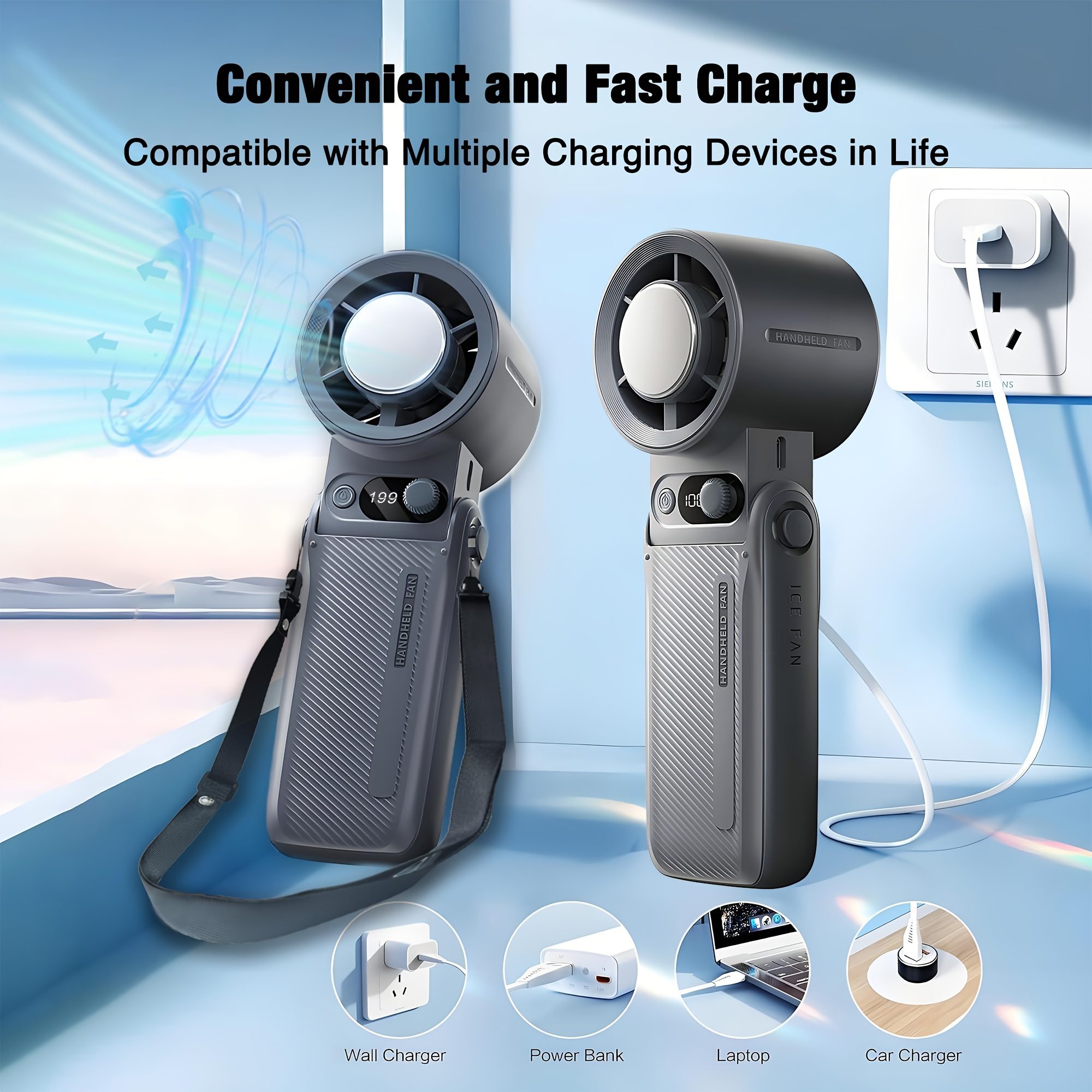 Portable electric fan, rechargeable handheld fan, 6000mAh, with ice pack, 199 speed handheld turbo fan, with digital display screen - quiet, suitable for outdoor, family, and outdoor travel. - Image 12