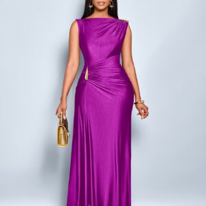 Solid Color Satin Dress Sleeveless Golden Decoration Waist Pleated Waist Large Swing Long Dress Covering Meat Workplace Commuting Temperament Dress Versatile Occasion Dress Mid-Length Women'S Dress