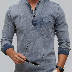 Men'S Novelty Henley Collar Denim Shirt, Heavy Washed Denim, Pocket Workwear Top, Casual Vintage Style