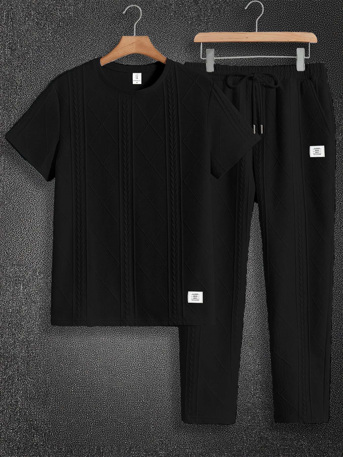 Men'S Suit Round Neck Car Knit Label Tassel Texture Short Sleeve Top Drawstring Slant Pocket Long Pants Casual Two-Piece Set - Image 3