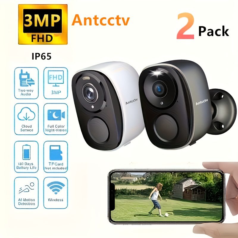 2 Pack (White + Black) Security Camera Wireless Outdoor, FHD 3MP Night Vision with Spotlight, Wire-Free 4000Mah Battery Powered, Human Detection, PIR Human Detection, 2-Way Talk, SD Card/Cloud Storage Three Days of Free Cloud Storage