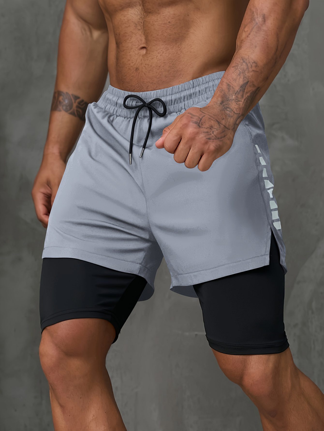 Men's 2-in-1 Running Shorts with Inner Pocket - Knee-Length, Double Layer for Gym & Training, Breathable Polyester, Machine Washable - Image 3