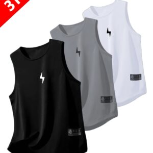 3-pc Men's Quick-Dry Sports Tank Tops - Breathable Sleeveless Fitness Shirts with Geometric Pattern Design, Lightweight for Running, Workouts, and Casual Wear (Black, White, Gray), Training Apparel, Modern Athletic Style, Sportswear for Fitness