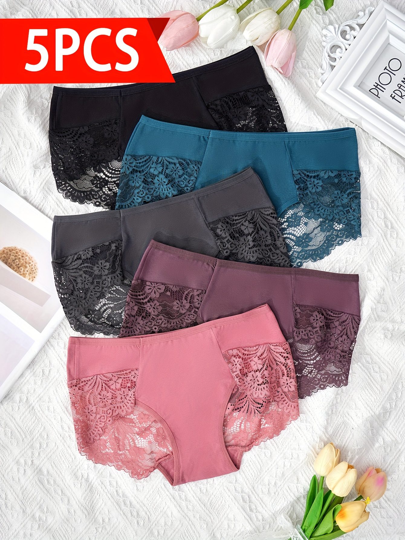 5pcs Women'S Elegant Lace Underwear - Semi-Sheer Breathable Mid-Rise Briefs with Contrast Lace Trim, High Elasticity Light Beige-Friendly Comfort, Assorted Colors (Navy, Pink, Black, Purple, White) for Casual Attire, Lace Panties, Comfortable Underwear, Semitransparent Design, Highelasticity Fabric, Daily Essentials, Stylish Panties, Soft Material, Seamless Panties, Stylish Women - Image 4