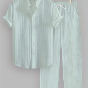 Men's summer solid color striped 2pcs set, casual and fashionable stand-up collar short-sleeved shirt, drawstring trousers, suitable for summer casual daily wear, beach vacation