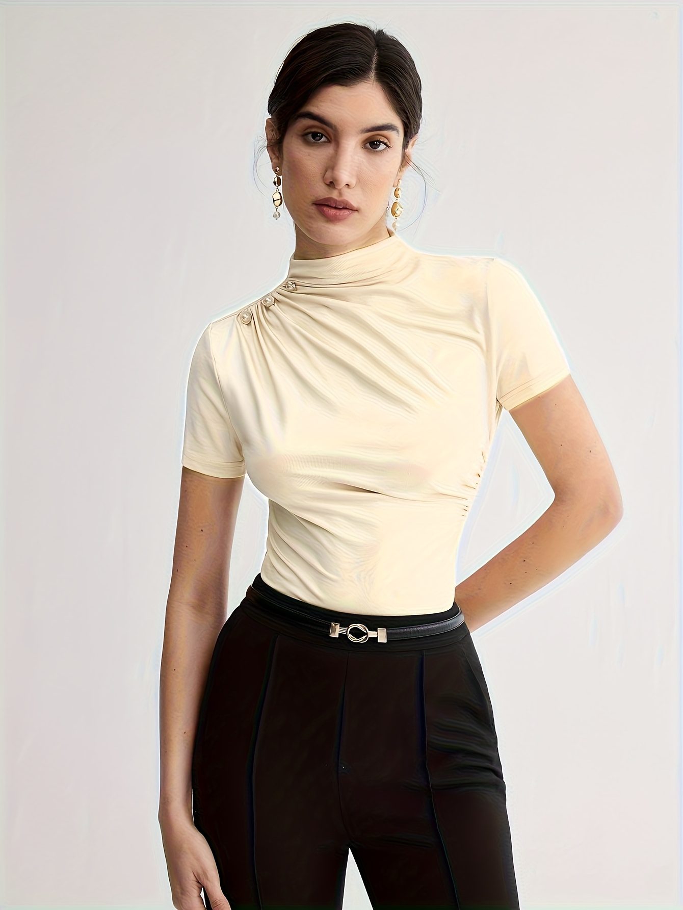 Summer New Arrival Design Sense Versatile Solid Color T-Shirt Short Sleeve Top with Shoulder Button Decor - Image 5
