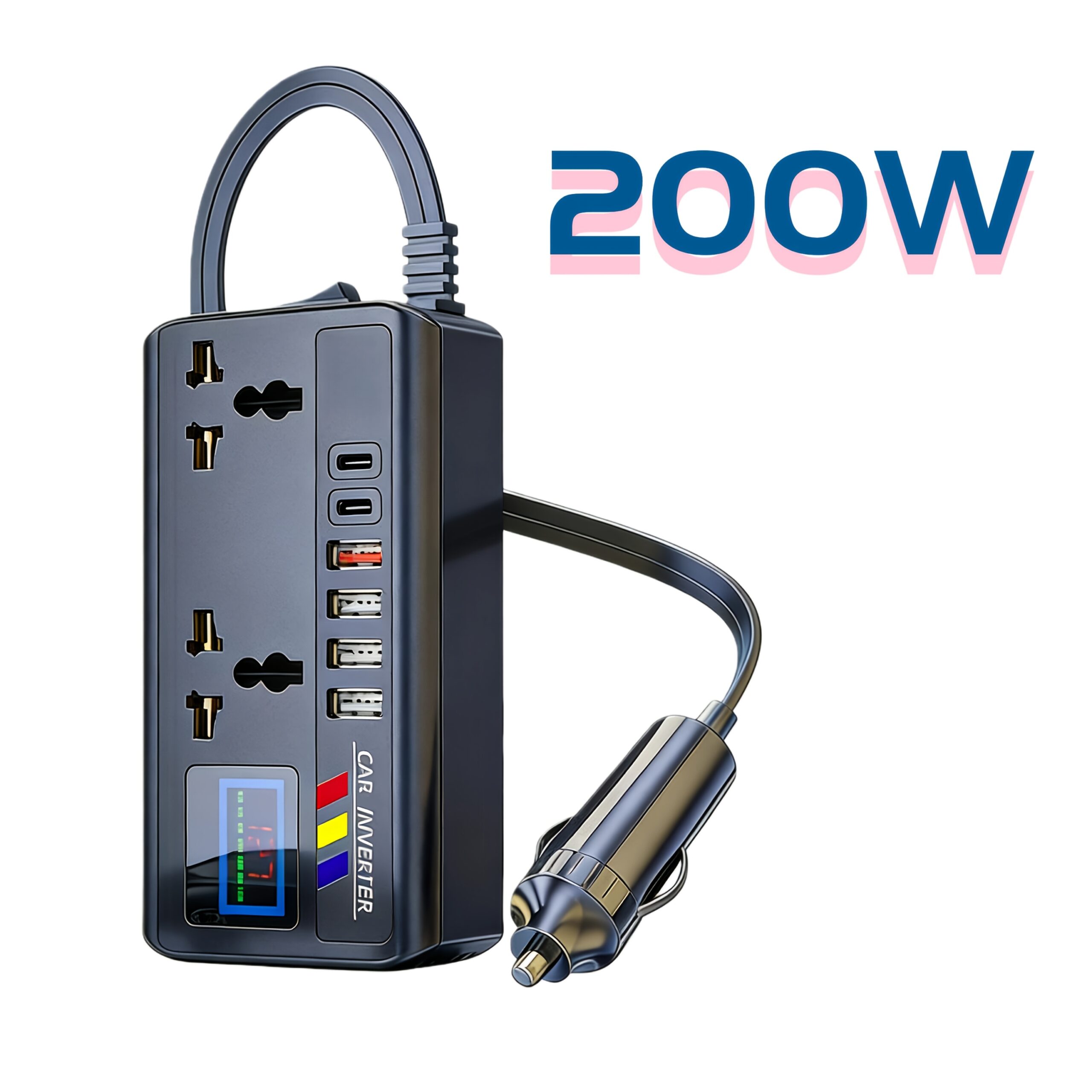 200W Car Inverter, DC12V/24V to AC 110V/220V Car Power Converter, 4 USB+2Type-C, 2 Universal Output Sockets, with Intelligent Display Screen, Essential for Cars, RVs and Trucks - Image 3