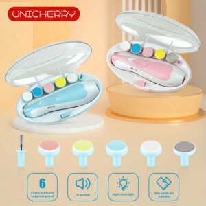 UNICHERRY 6-in-1 Electric Youngsters Nail Trimmer Kit, Pink & Blue - Safe & Easy Grooming for Youngsters to Adults with LED Light, 6 Grinding Pads, and Nail File - Ideal for Fingernails & Toenails Care, Nail Accessories