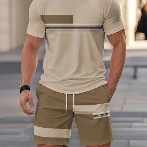 Men's Outdoor Outfit Set, Summer Trendy Fashion Short-Sleeve Crew Neck Creative Quick-Dry T-Shirt Top + Shorts, 3D Digital Print Vintage Style Striped Contrast Color Pattern, A Must-Have for Street Trendsetters, Suitable for Daily Casual