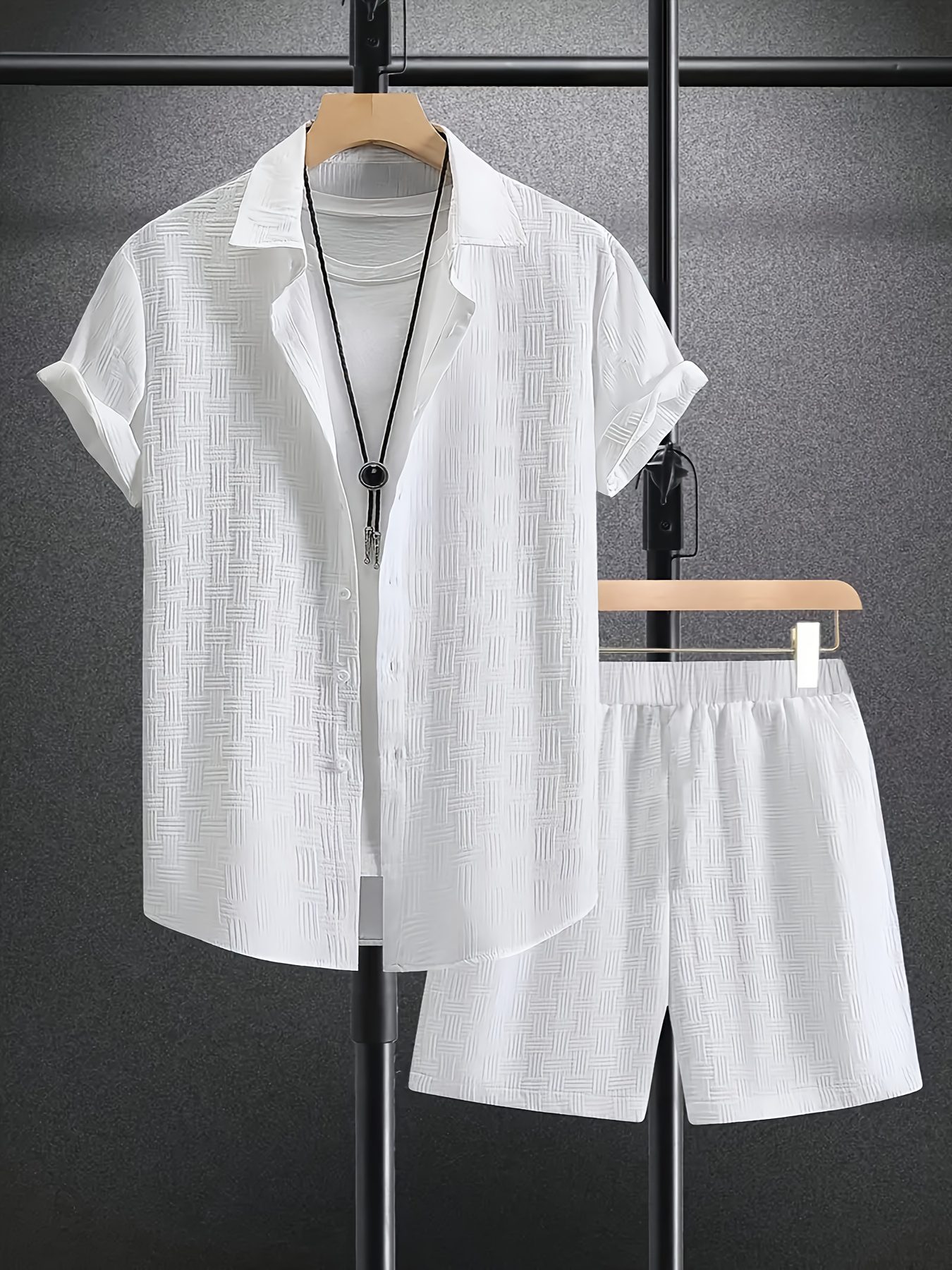 Men's Outfit, Checkered Print Lapel Short Sleeve Button Up Shirt & Shorts 2pcs Co Ord Set for Outdoor Activities - Image 5