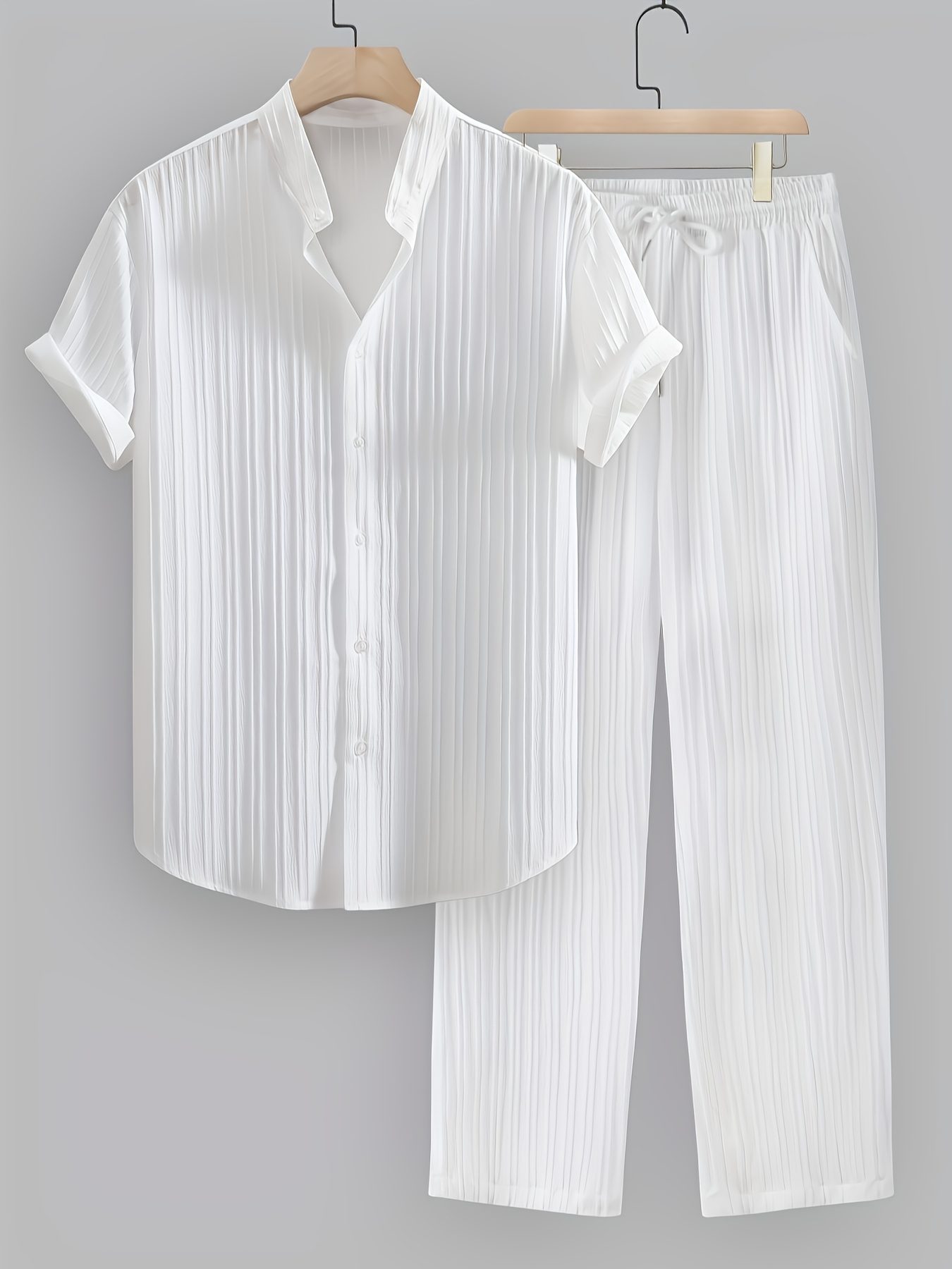 2pcs Men'S Summer Casual Striped Fiber Set, Short Sleeve Stand-Up Collar Shirt And Drawstring Pants, Non-Stretch Woven Fabric, Regular Fit for Daily Wear And Beach Vacation, Solid Color, Beach Vacation - Image 2