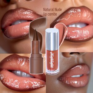 2pcs Natural Nude Lip Combo Set, Dark Brown Lip Liner with Glossy Nude Gloss, Shiny and Long Lasting