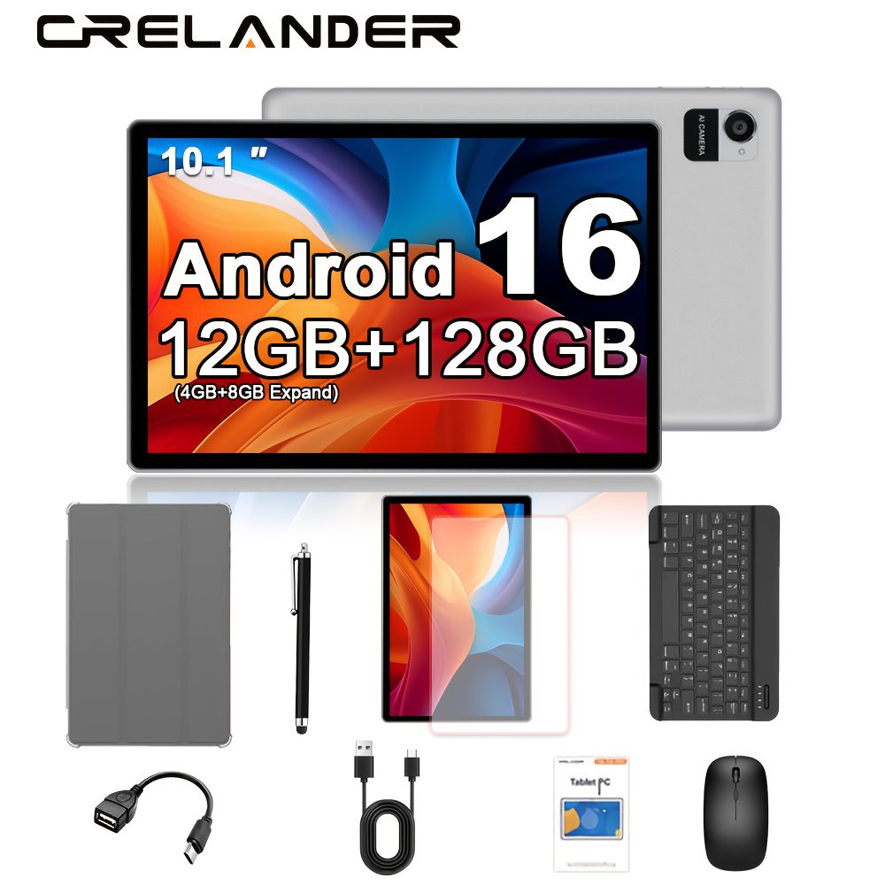 CRELANDER 2025 NEW Android Tablet with a 10.1 Inch IPS Touch Screen, 2-In-1 Design Including a Protective Case, Optional Keyboard, Mouse, And Stylus. It Features 12GB RAM (4GB + 8GB Expandable) And 128GB Storage, Supporting a 1TB TF Card, Tablet - Image 6