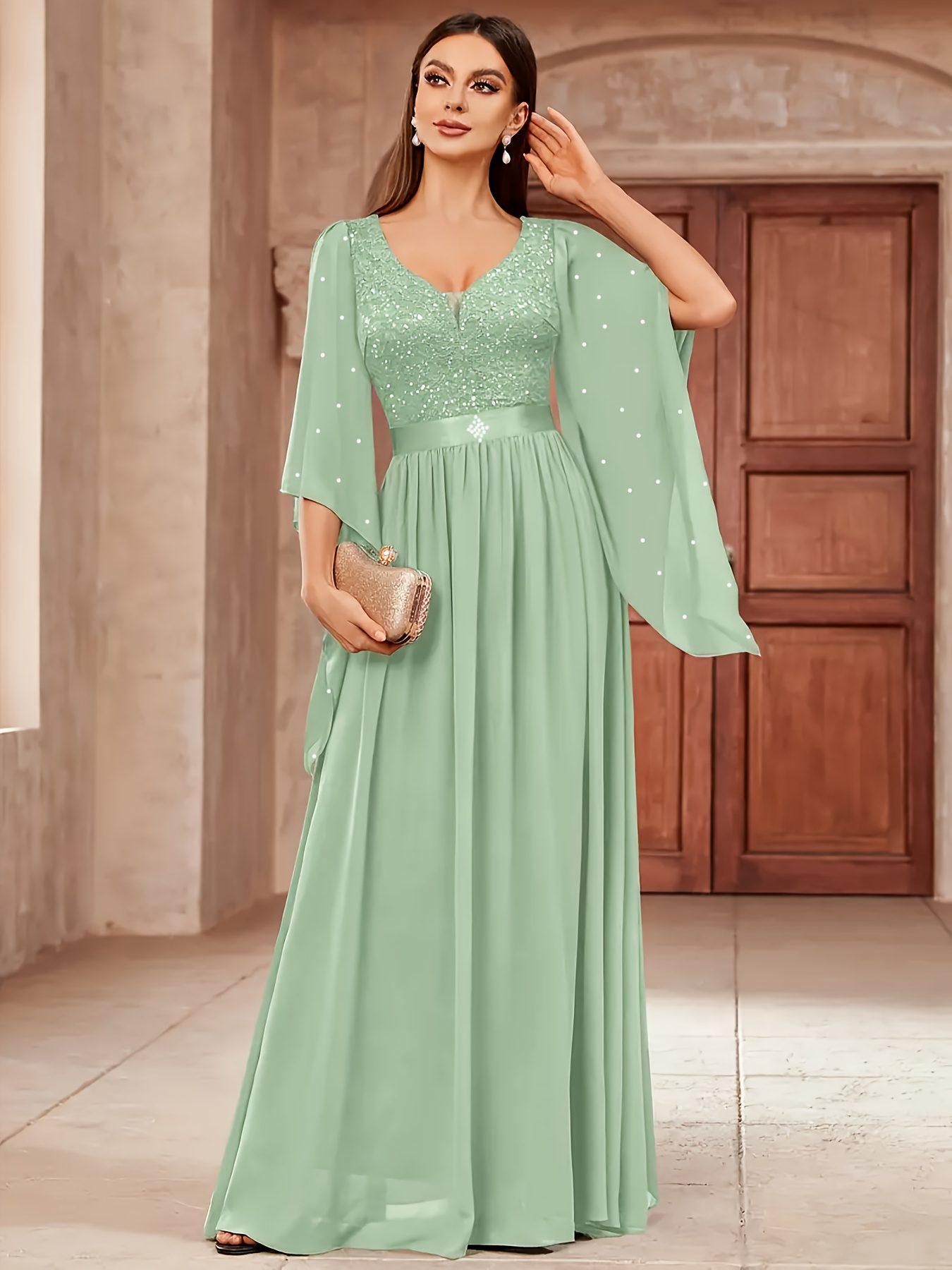 Elegant Women's V-neck Lace-trimmed Chiffon Banquet Gown, Suitable for Parties, Dinners, and Weddings - Image 10