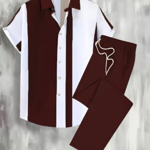 Digital Print Men's Casual Sport Cardigan Button Short Sleeve and Long Pants Set