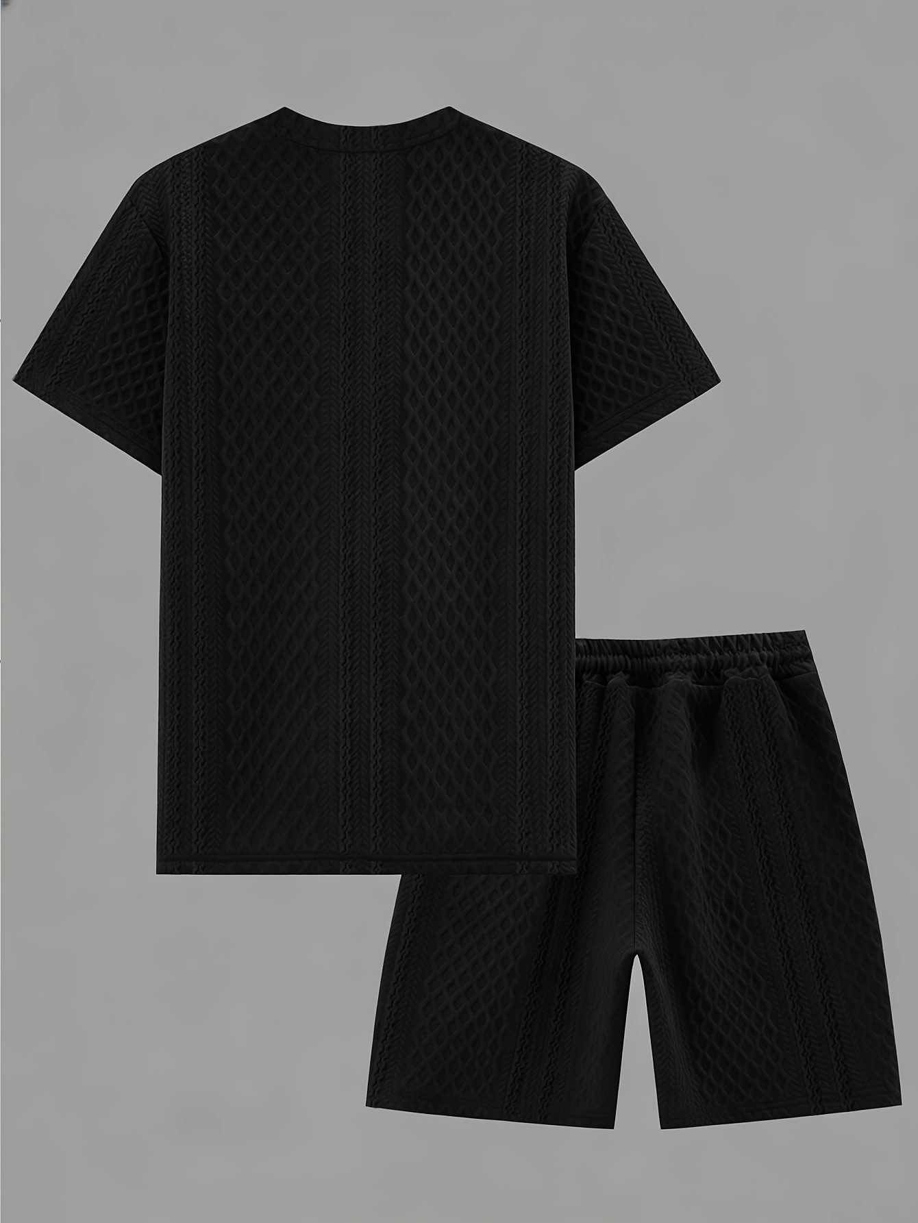 Men's New Textured Fabric Crew Neck T-Shirt + Drawstring Shorts Set - Image 9