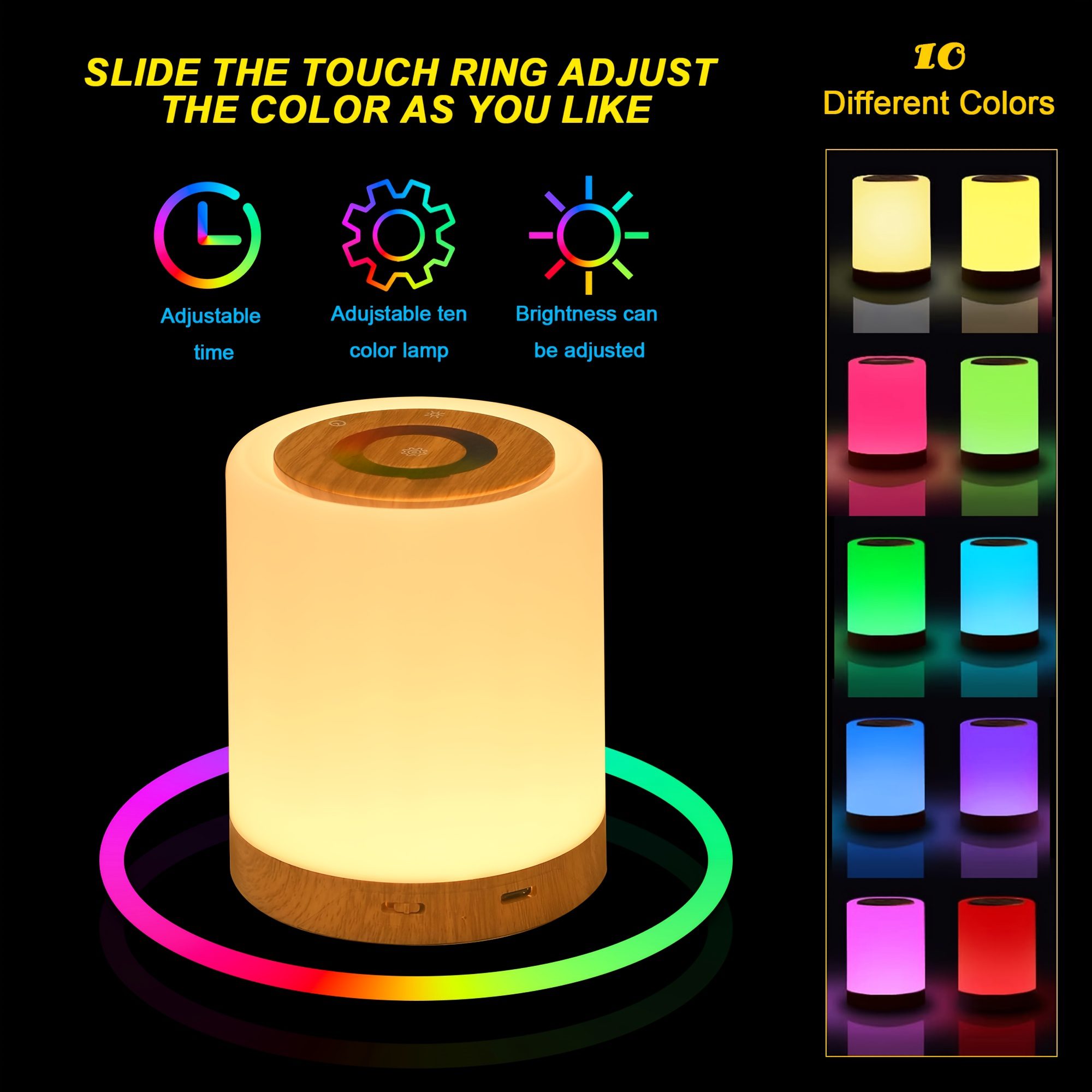 1pc/2pcs Bedside Lamp, Touch Night Lamp, Wood Grain Color Table Lamp, 3 Lighting Mode, 5 Brightness Level, RGB Ambient Lamp, Soft Light Reading Table Lamp, 1500mAh Battery, TPY-C Charging Use, Portable Lamp, Suitable for Bedroom, Living Room - Image 7