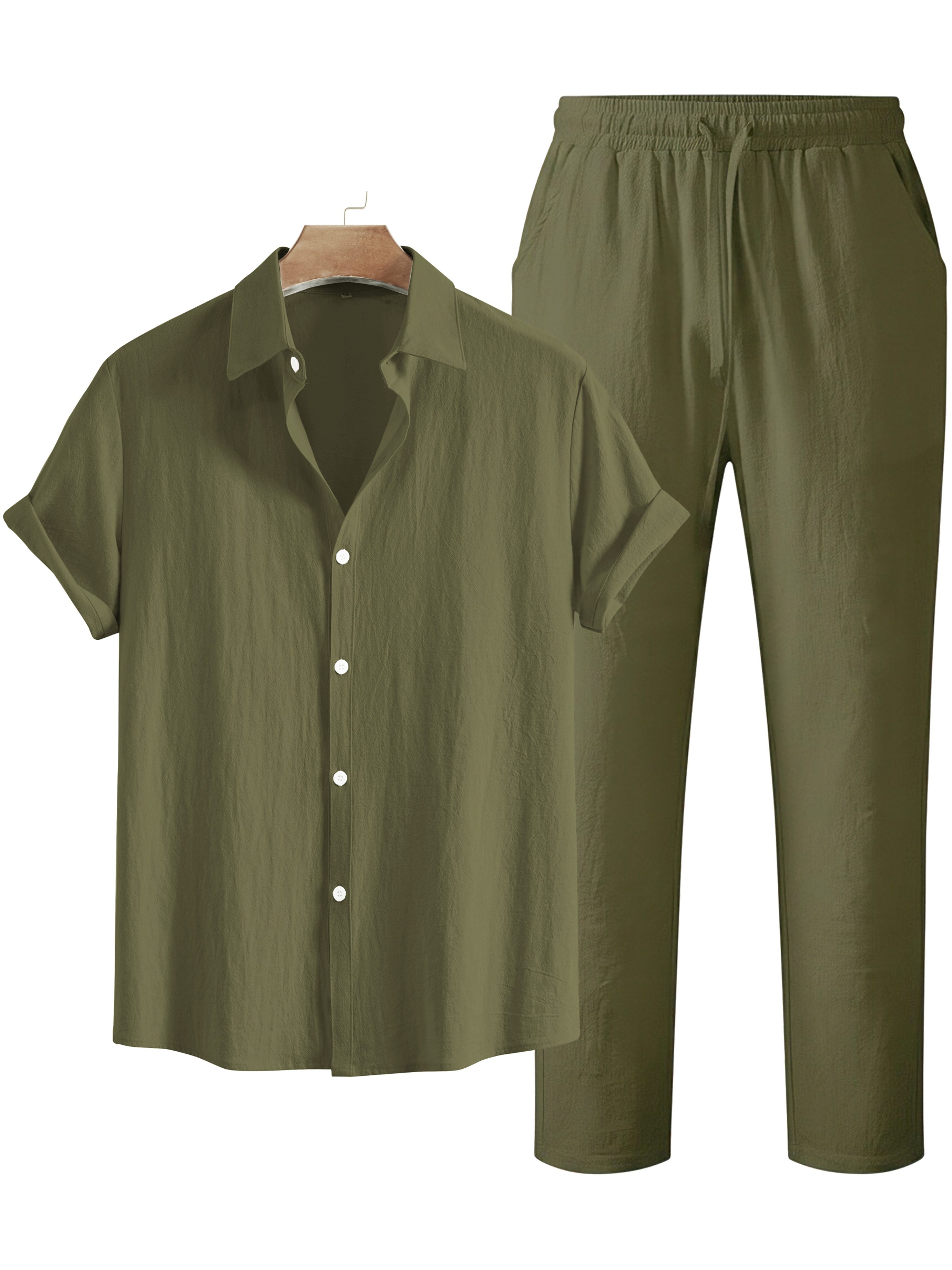Men's Fashionable Solid Color Cotton- Shirt and Trousers Set, Casual Breathable 2pcs Outfit for Men - Image 8