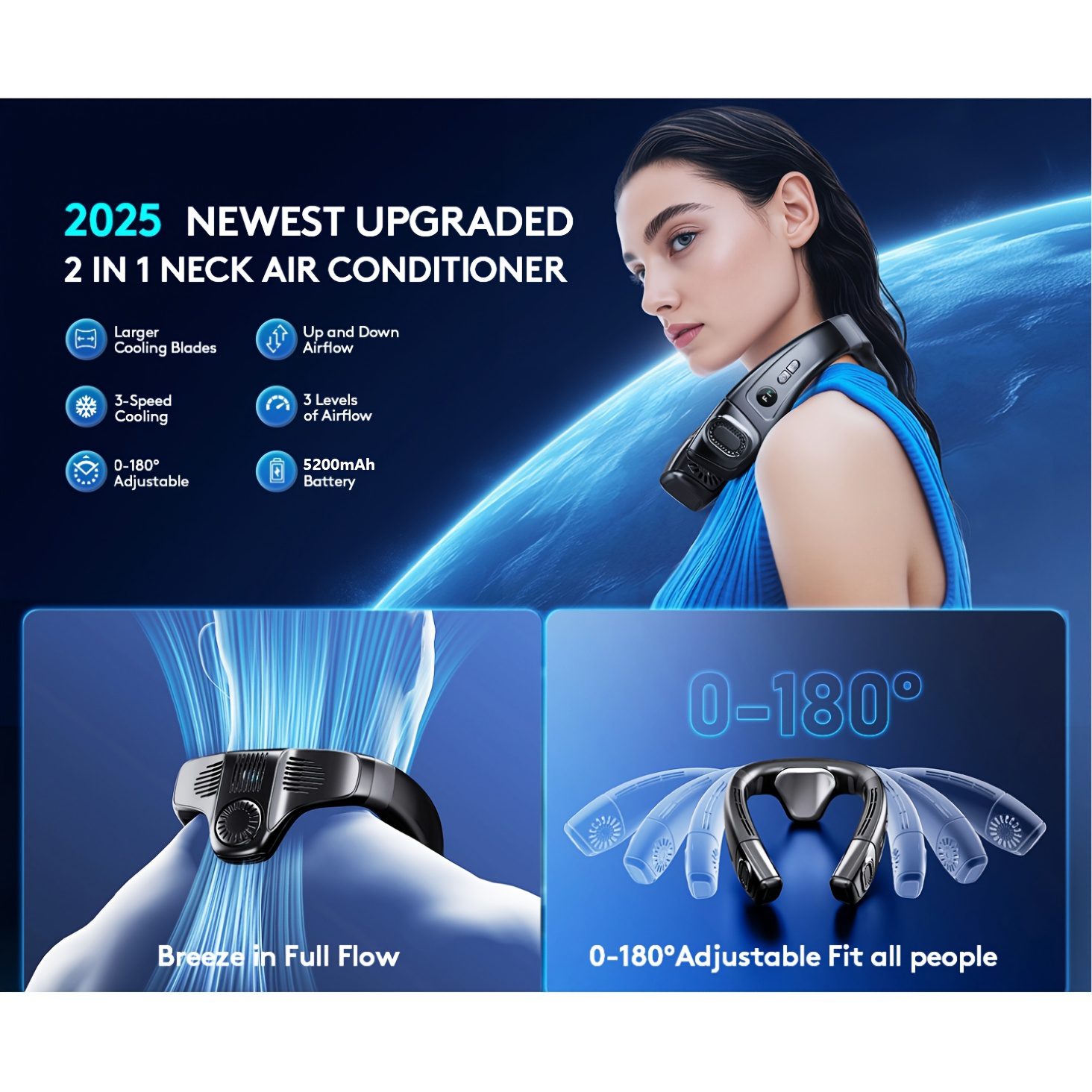 5200Mah Neck Fan, Portable Air Conditioning Fan, Ergonomic Personal Cooling Fan, Type-C Rechargeable, 3D Airflow Wearable, LED Screen, 3 Modes, a Gift for Men And Women, Suitable for Outdoor Travel And Indoor Use