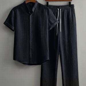 Short Sleeve Shirt + Drawstring Pants 2pcs Set Breathable Casual Outfit Suitable for Beach Vacation Party