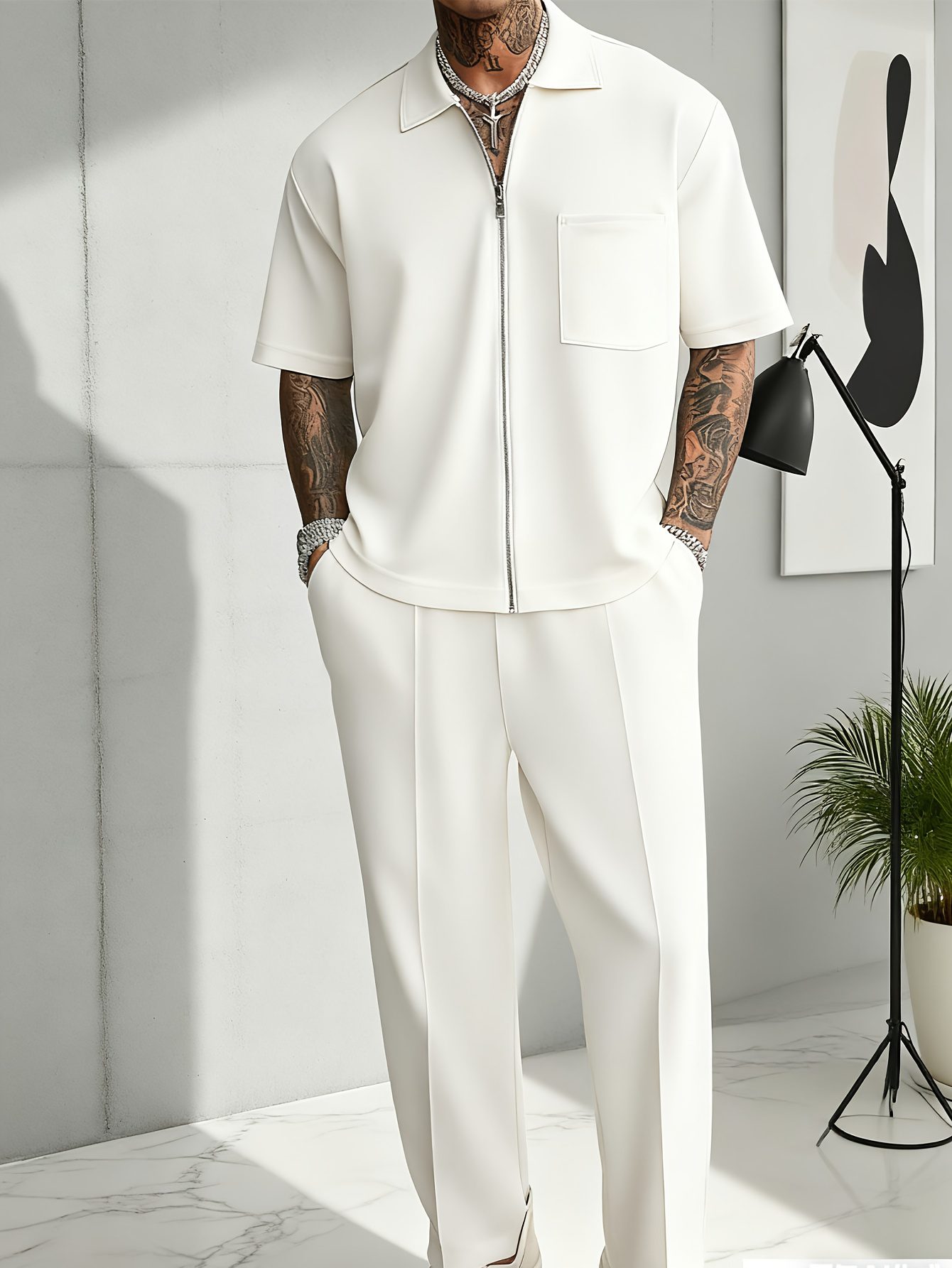 New Streetwear Trend Men's Set: Light Blue Loose Cardigan Short-Sleeve Zip-Up Top with Pockets, Casual Long Pants, Short-Sleeve and Long Pants Set - Image 4