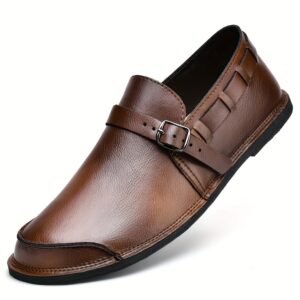 Men'S Retro-Style Slip-On Loafers, Featuring a Solid Color Ultra-Fine Microfiber Upper, Rubber Sole, Round-Toe Casual Business Shoes, Suitable for All Seasons with Decorative Buckle Design for a Classic Vintage Look, Comfortable PU Insole