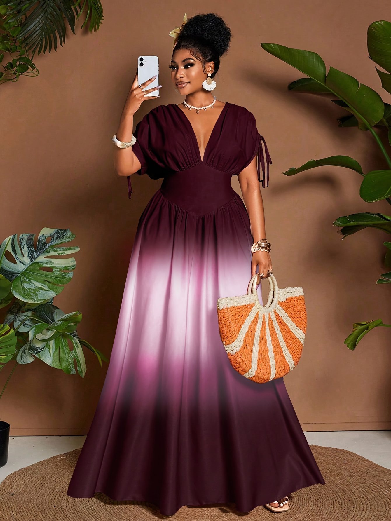 Women's Elegant Gradient V-Neck Long Maxi Dress with Fitted Bodice & Flowy - Waist, Machine Washable Winter Dress for Weddings, Parties, Fall/ Winter Events - Non-Stretch Suitable for Weddings, Parties, Fall/Winter Events - Image 5
