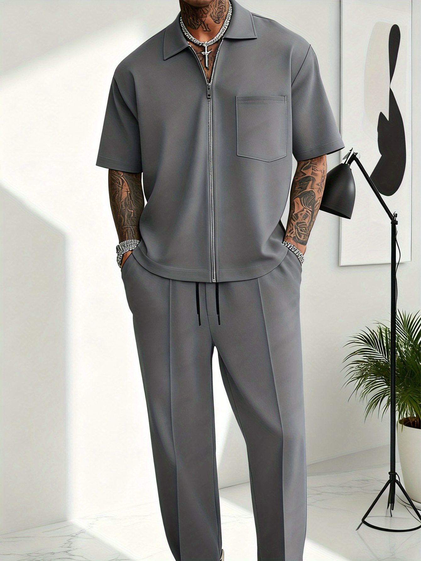 New Streetwear Trend Men's Set: Light Blue Loose Cardigan Short-Sleeve Zip-Up Top with Pockets, Casual Long Pants, Short-Sleeve and Long Pants Set - Image 5