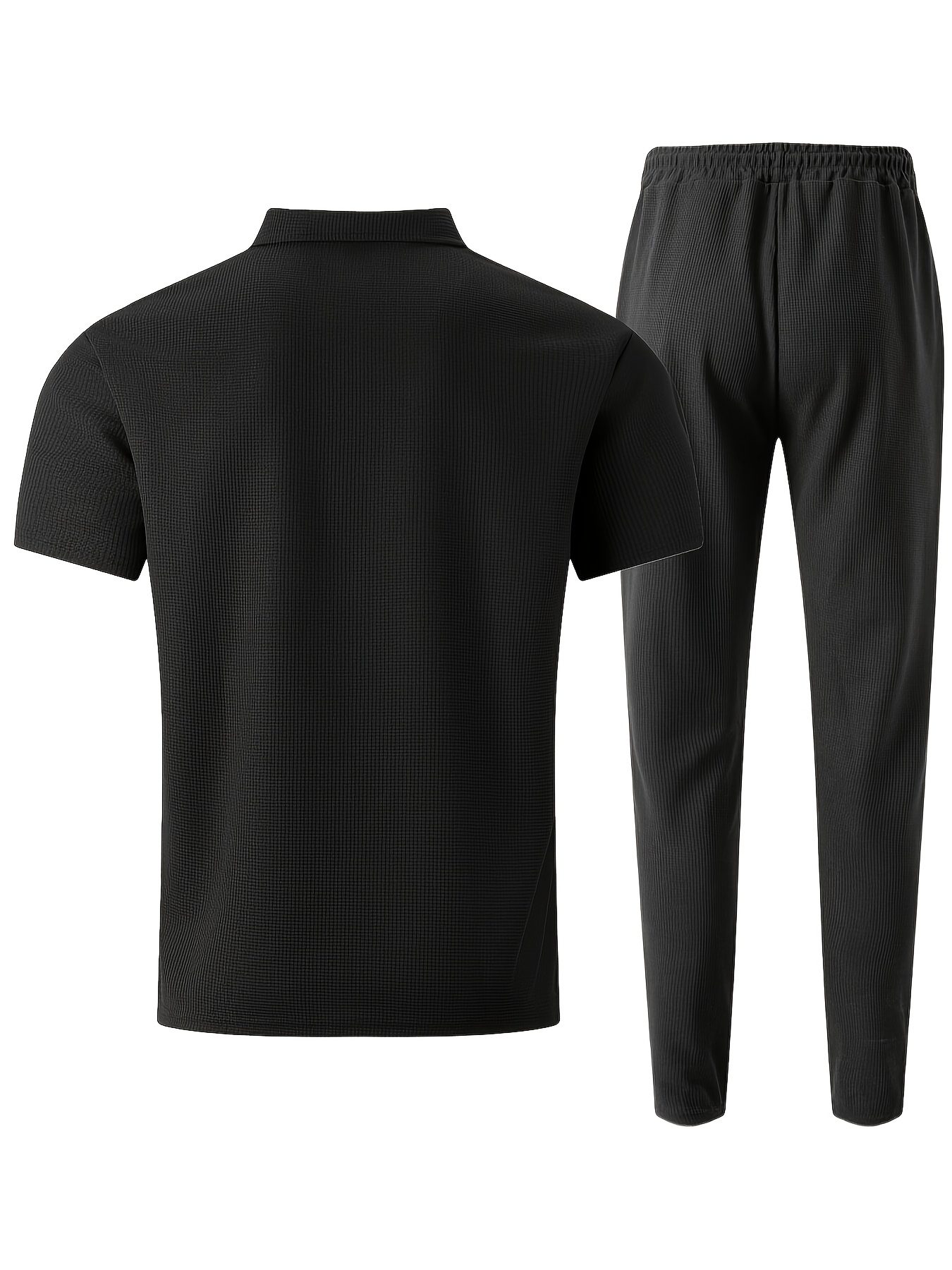 Men's Waffle Knit Casual Double-Pocket Short-Sleeve Shirt with Athletic Long Pants Set - Image 7