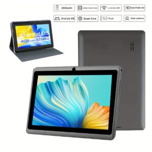 CR 7-Inch Android Tablet with 4GB RAM (2GB+2GB Expandable), 32GB ROM, Quad-Core High-Frequency Processor, HD IPS Display, Dual Camera, 2.4G+5G WiFi, Includes Case (Grey, Pink, Blue) Color Options. Pad Tablet for Learning, Gifting, and Entertainment