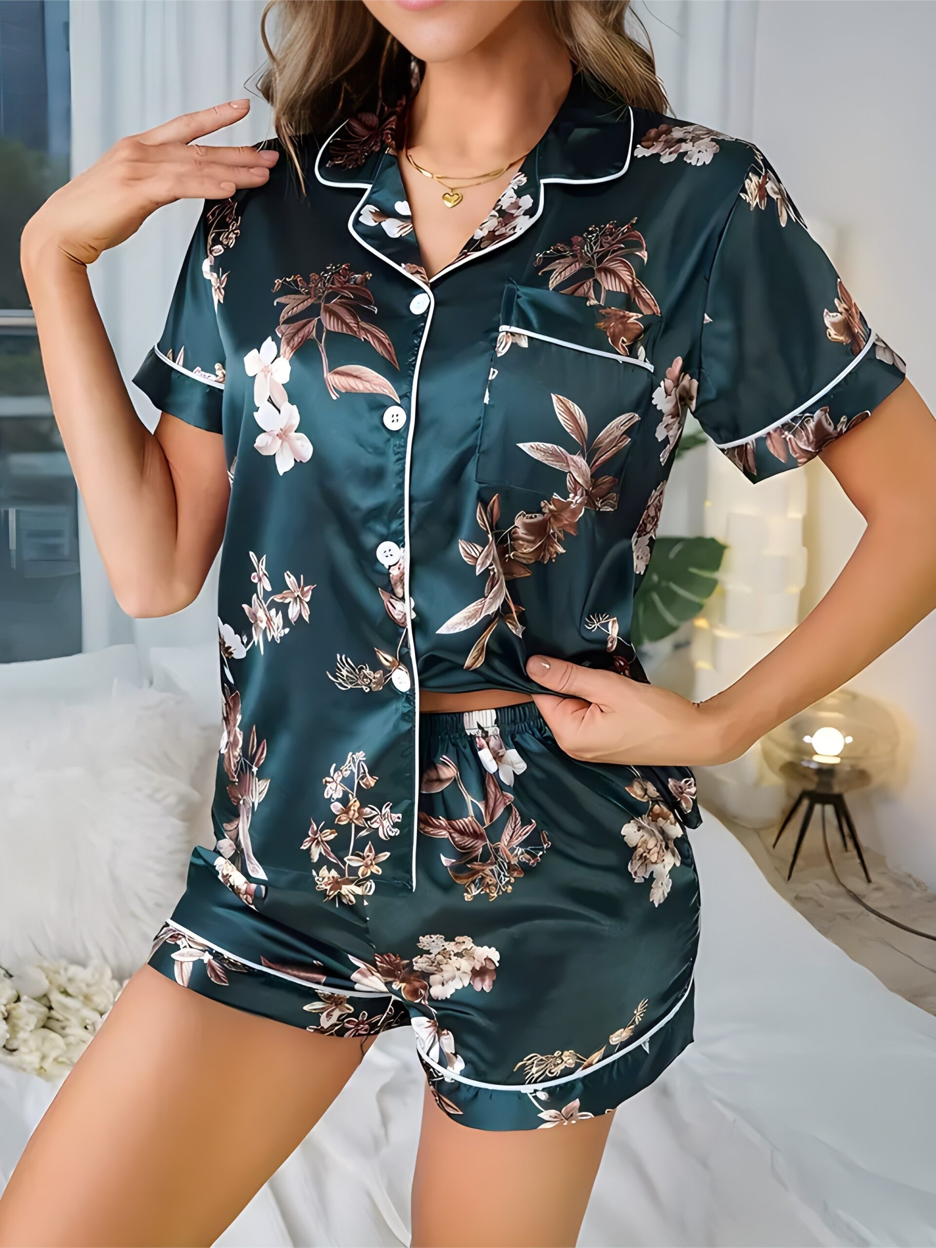 Elegant Floral Printed Loungewear Set, Featuring a Short-Sleeve Button-Up Top And Stretchy Shorts, Designed for Women'S Sleepwear. - Image 3