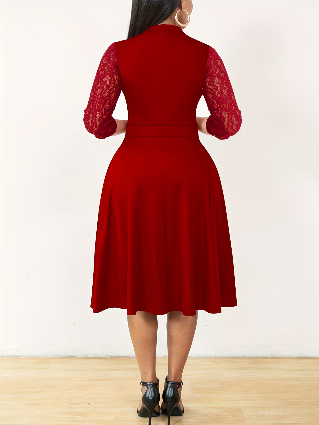 A-Line Dress with V Neck And Lace Sleeves for Women, Perfect for Weddings And Cocktail Parties - Image 6