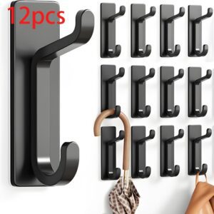 12pcs Self-Adhesive Hooks, Extra Strong Adhesive Hooks Holds Up to 6kg, Heavy-Duty Wall and Door Hooks for Towels, Coats, Hats, and Wallets in Bathroom, Shower, and Kitchen, Black, 12pcs Set