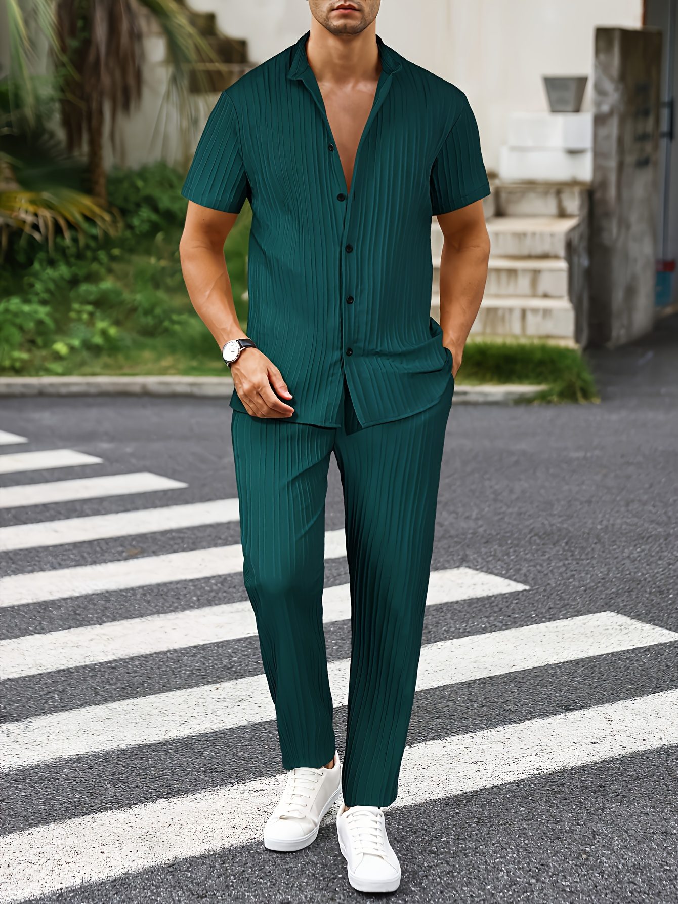 Men's New Trend Textured Wave Stripe Short Sleeve Long Pants Casual Set - Image 4