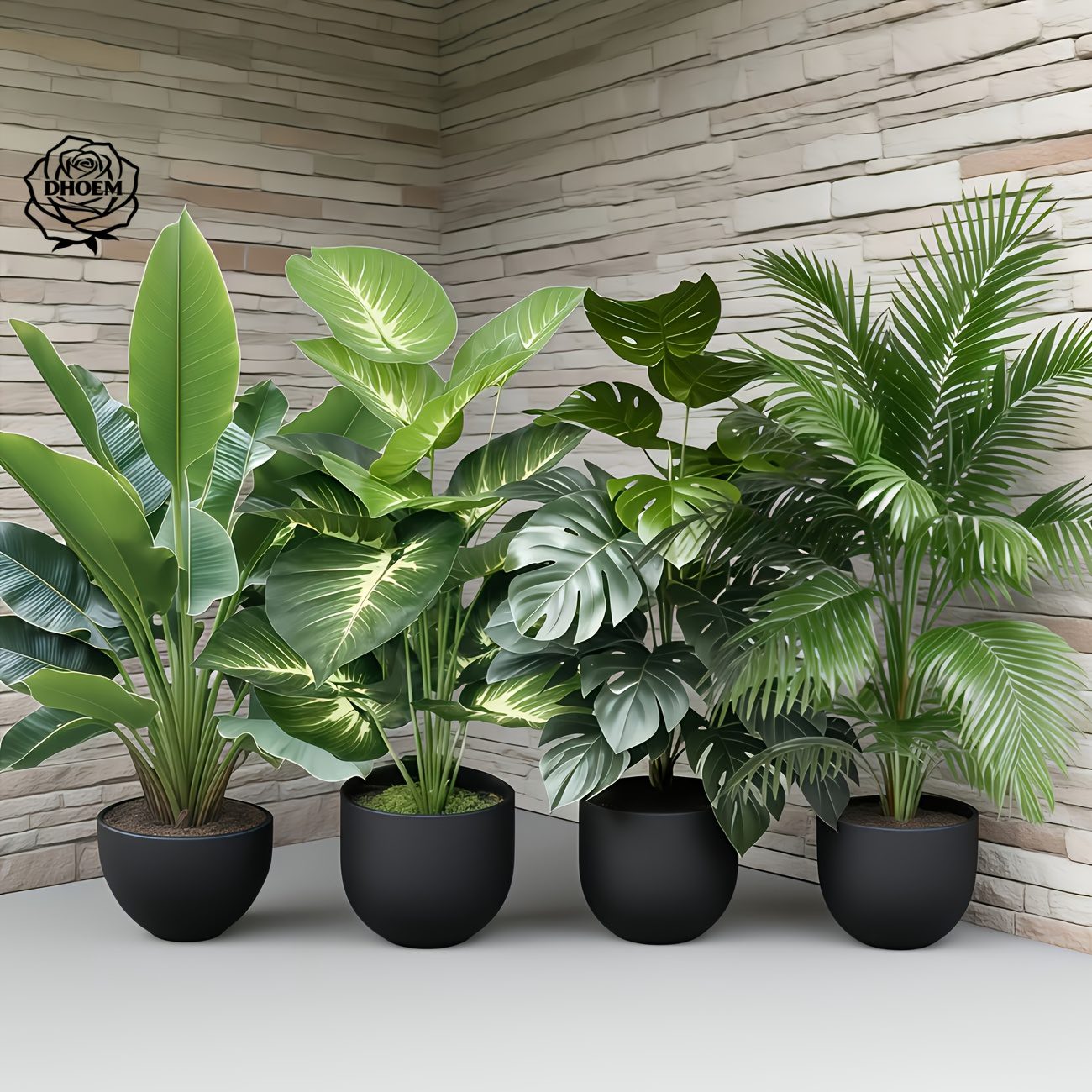 4pcs Set - Includes 48 Large Leaves of Large Outdoor Artificial Green Plant Loose Palm Tree Combo - DHOEM Wedding Garden Modern Decoration, Maintenance-Free Four-Season Evergreen Wealth Tree Artificial Plant | Pothos Evergreen Potted Plant, Nordic - Image 3