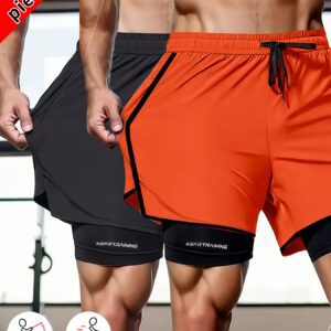 2pcs Set of Men's Sports and Leisure Shorts, Preferred for Fitness with Solid Color Breathable Quick Drying Style with Zipper Pocket and Waist Drawstring, Perfect for Beaches, Swimming Pools, Gyms