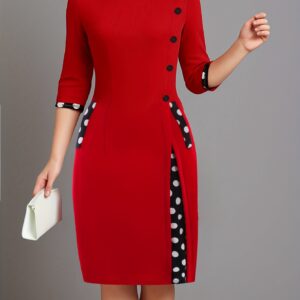 Spring and Autumn Women's Fashion Polka Dot Red Patchwork Round Neck Three-quarter Sleeve Midi Dress with Side Button Design, Suitable for Office or Casual Occasions