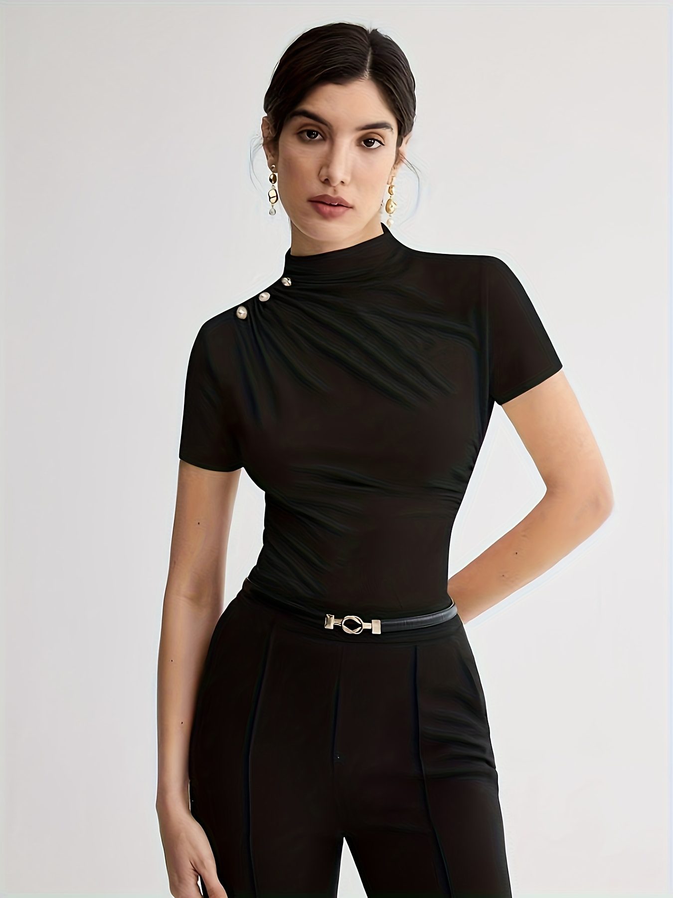 Summer New Arrival Design Sense Versatile Solid Color T-Shirt Short Sleeve Top with Shoulder Button Decor - Image 8