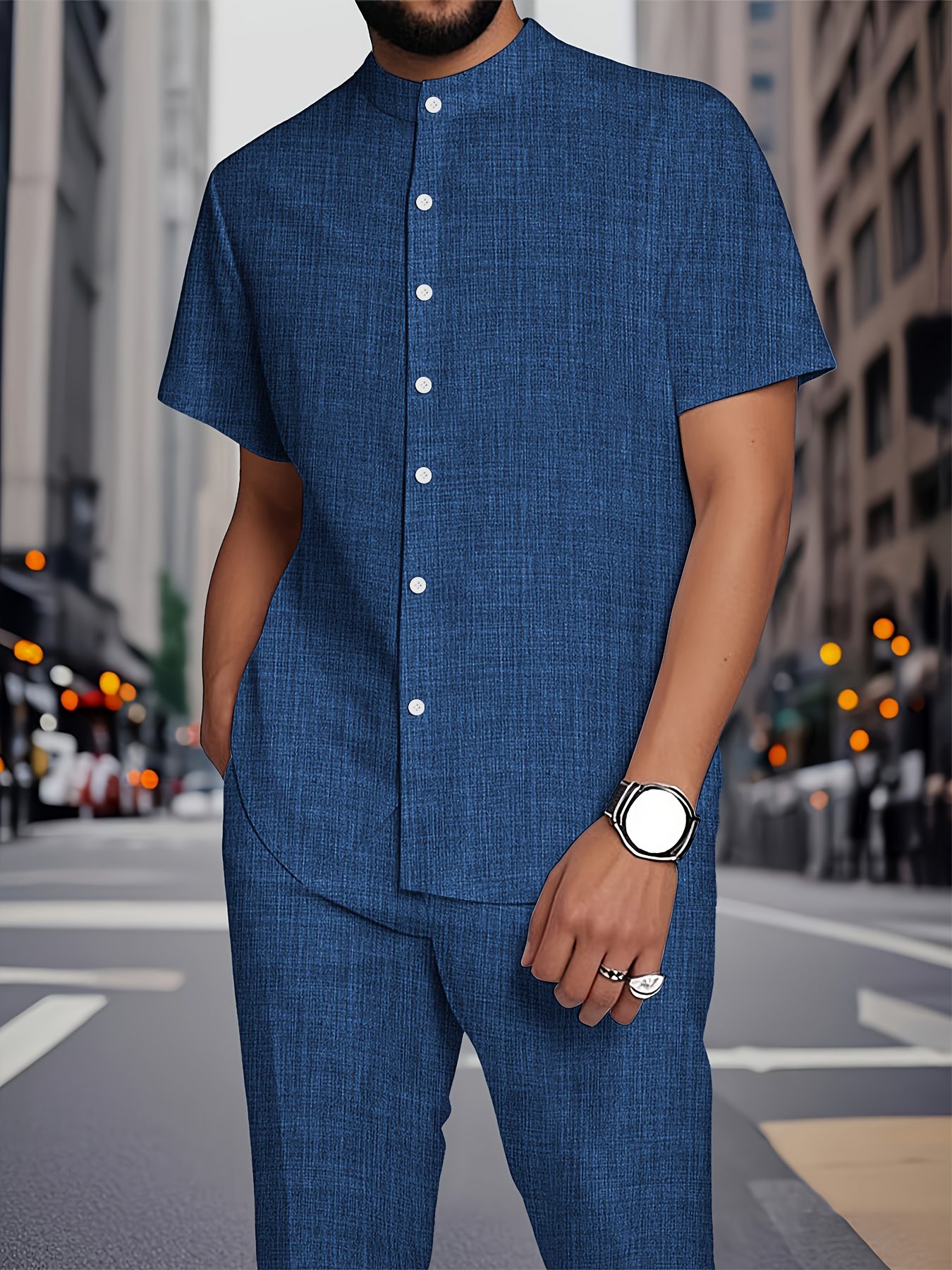 European and American new Men's fashionable and comfortable short-sleeved stand-up collar shirt set striped texture fabric stand-up collar short sleeve shirt and casual trouser set - Image 5