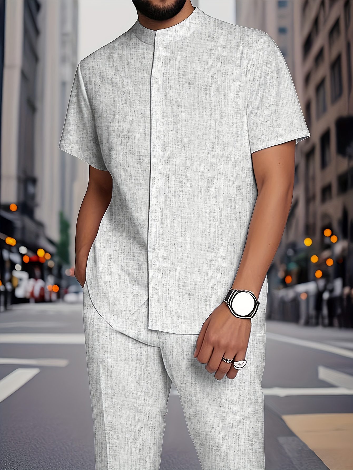 European and American new Men's fashionable and comfortable short-sleeved stand-up collar shirt set striped texture fabric stand-up collar short sleeve shirt and casual trouser set