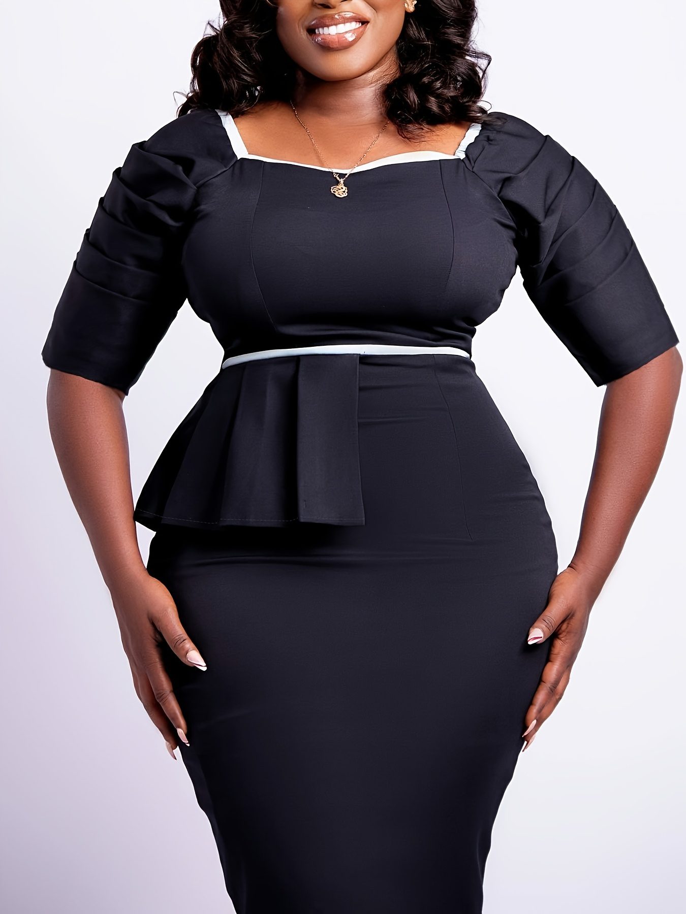 Women's Midi Dress with Cinched Waist & Ruffled Hem - Short Sleeve Square Neck Pencil Suitable for Work, Office, Commuting - Machine Washable Bodycon Dress with Color-Blocked Hemline (No Chest Padding) - Image 5