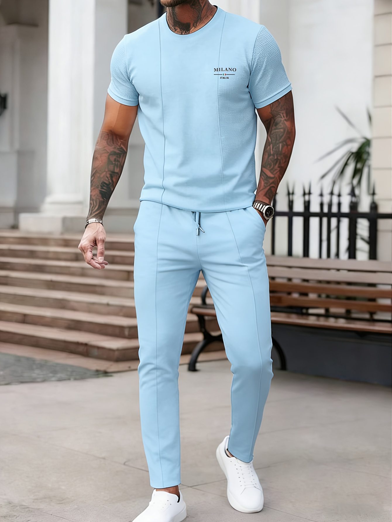 Spring and Summer Men's Waffle Texture Round Neck Short Sleeve Casual 2pcs Set. The Unique Waffle Weave Fabric Is Soft and Comfortable, with a Solid Color Design That's Versatile and Easy to Wear. Perfect for Daily Outings, Outdoor Activities - Image 6
