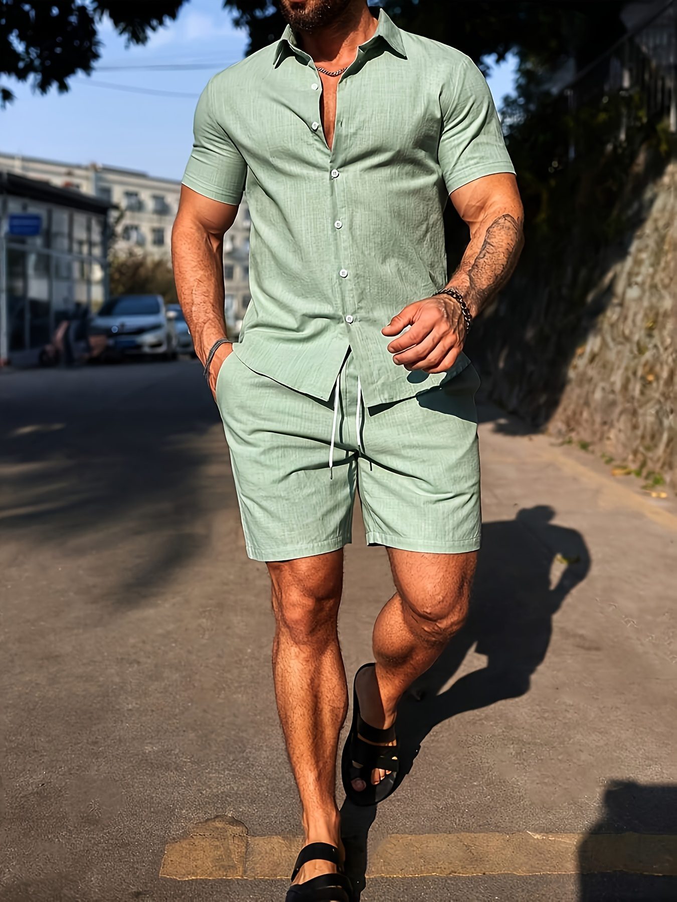 Men's Solid Color Short Sleeve Shirt And Plain Shorts Going Out Set