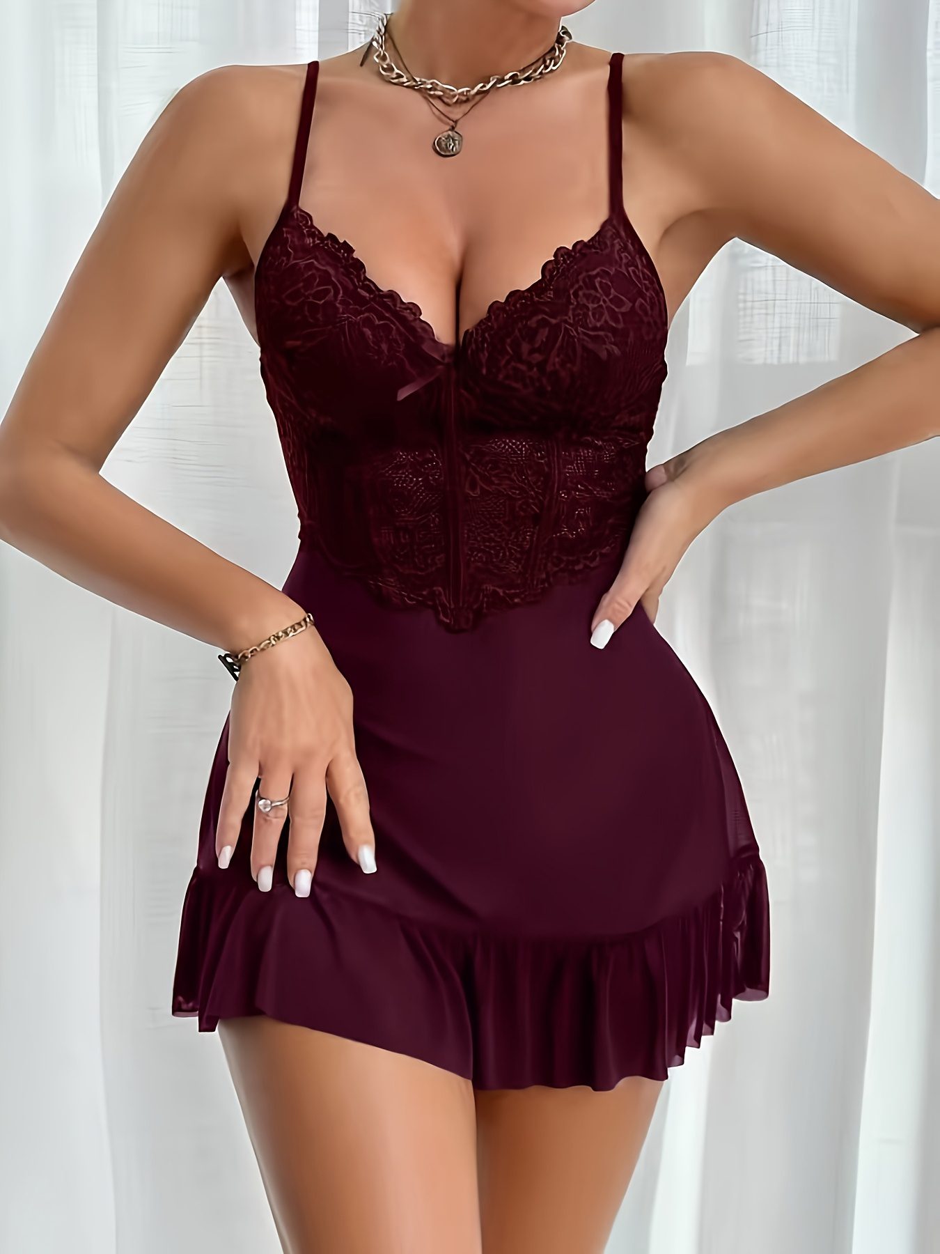 Women'S Solid Elegant Sexy Comfortable Mesh Lace Patchwork Bow Thin Strap Backless Short Nightgown Home Wear - Image 5