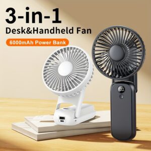 Handheld folding fan with USB charging, suitable for desktop office use, bedroom, outdoor travel, camping, neck hanging, students' classes, five wind levels, power level display, long-lasting battery life of 6000mAh, with charging treasure function