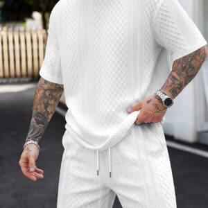 Men's New Textured Fabric Crew Neck T-Shirt + Drawstring Shorts Set