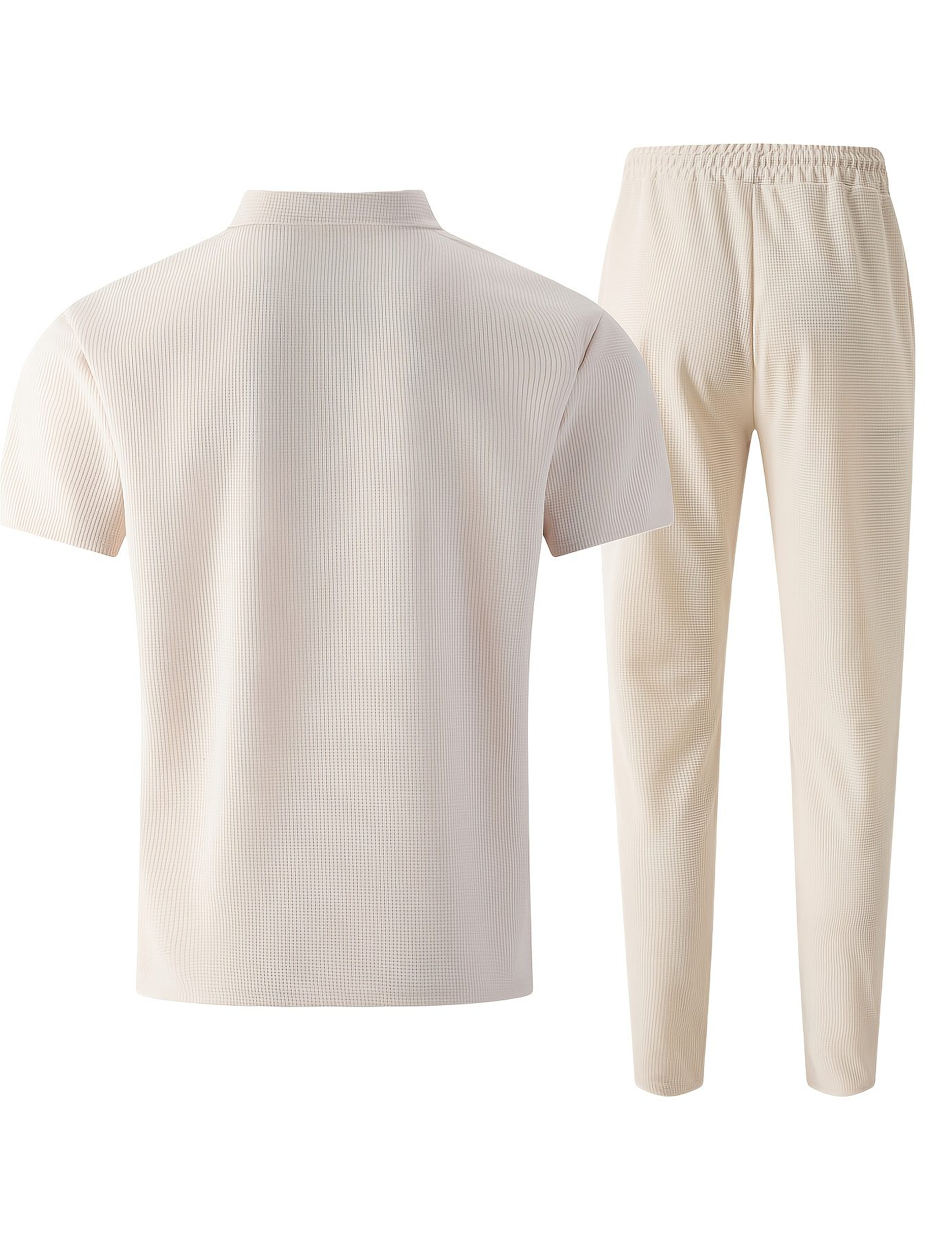 Men's Waffle Knit Casual Double-Pocket Short-Sleeve Shirt with Athletic Long Pants Set - Image 8