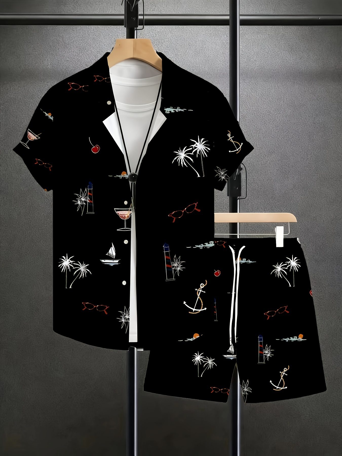 Men's Fashion Summer Printed Collar Shirt Set - Comfortable Short Sleeve Shirt with Pocket Drawstring Shorts, New Summer Casual Loose Fit Round Neck T-Shirt, Suitable for Spring and Summer Wear, Comfortable for Daily Use - Image 5